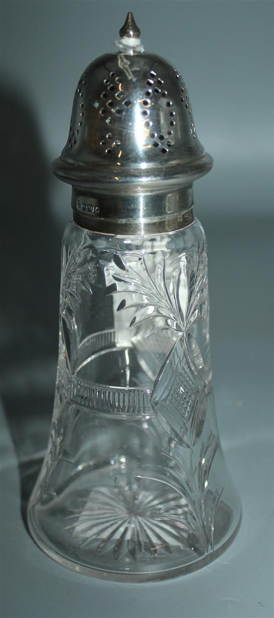 Silver mounted cut glass sugar shaker(-)